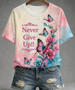 Breast Cancer Awareness Merch Never Give Up T-Shirt Pink Ribbon Cancer Survivor Gift