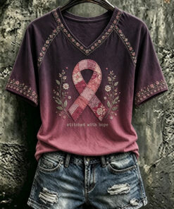 Breast Cancer Awareness Month Merch Stitched With Hope V-Neck T-Shirt Pink Ribbon Gifts