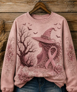 Breast Cancer Awareness Sweatshirt Halloween Pink Witch Ribbon Merch Presents For Wife