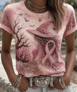 Breast Cancer Awareness T-Shirt Halloween Pink Witch Ribbon Clothing Spooky Gifts For Sister