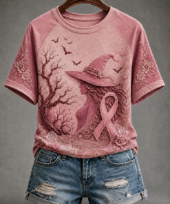 Breast Cancer Awareness T-Shirt Halloween Pink Witch Ribbon Merch Gifts For Her