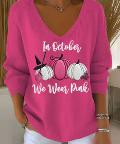 Breast Cancer Awareness V-Neck Long Sleeve Breast Cancer Awareness Graphic Shirt - Homegiftaura