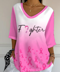 Breast Cancer Awareness V-Neck Long Sleeve Breast Cancer Support Tee For Her - Homegiftaura