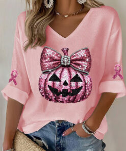 Breast Cancer Awareness V-Neck Long Sleeve Shirt Breast Cancer Journey Clothing For Women - Homegiftaura