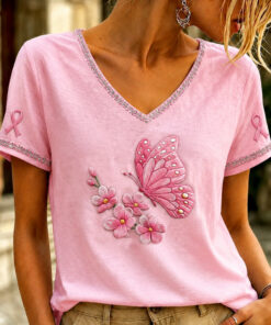 Breast Cancer Awareness V-Neck Shirt Breast Cancer Support Apparel For Her - Homegiftaura