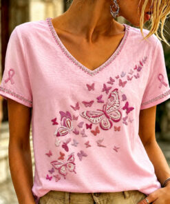 Breast Cancer Awareness V-Neck Shirt Pink Ribbon Awareness Tee For Women - Homegiftaura