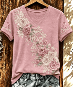 Breast Cancer Awareness V-Neck Shirt Pink Ribbon Breast Cancer Apparel For Women - Homegiftaura