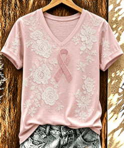 Breast Cancer Awareness V-Neck Shirt Pink Ribbon Courage Tee Gift For Women - Homegiftaura