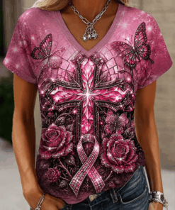 Breast Cancer Awareness V-Neck Shirt Pink Ribbon Hope Shirt Gift For Her - Homegiftaura