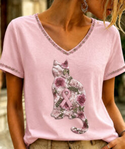 Breast Cancer Awareness V-Neck Shirt Pink Ribbon Hope Tee For Women - Homegiftaura
