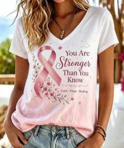 Breast Cancer Awareness V-Neck Shirt Pink Ribbon Sisterhood Shirts For Women - Homegiftaura