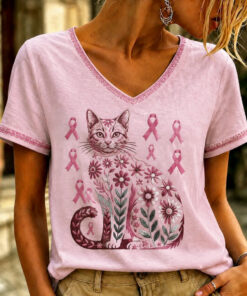Breast Cancer Awareness V-Neck Shirt Pink Ribbon Sisterhood Tee For Women - Homegiftaura