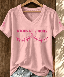 Breast Cancer Awareness V-Neck Shirt Pink Ribbon Strong Woman Shirt Gift - Homegiftaura