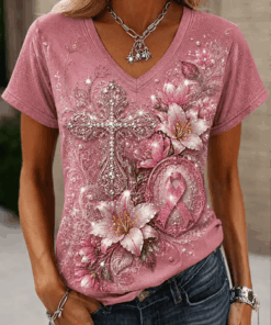 Breast Cancer Awareness V-Neck Shirt Pink Ribbon Support Tee Gift For Her - Homegiftaura