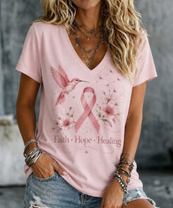 Breast Cancer Awareness V-Neck Shirt Women Fighting Breast Cancer Together Shirts - Homegiftaura