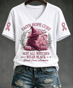Breast Cancer Awareness V-Neck T-Shirt Halloween Faith Hope Merch Pink Ribbon Gifts For Her