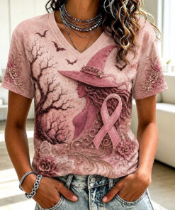 Breast Cancer Awareness V-Neck T-Shirt Halloween Pink Witch Ribbon Merch Ideas For Wife