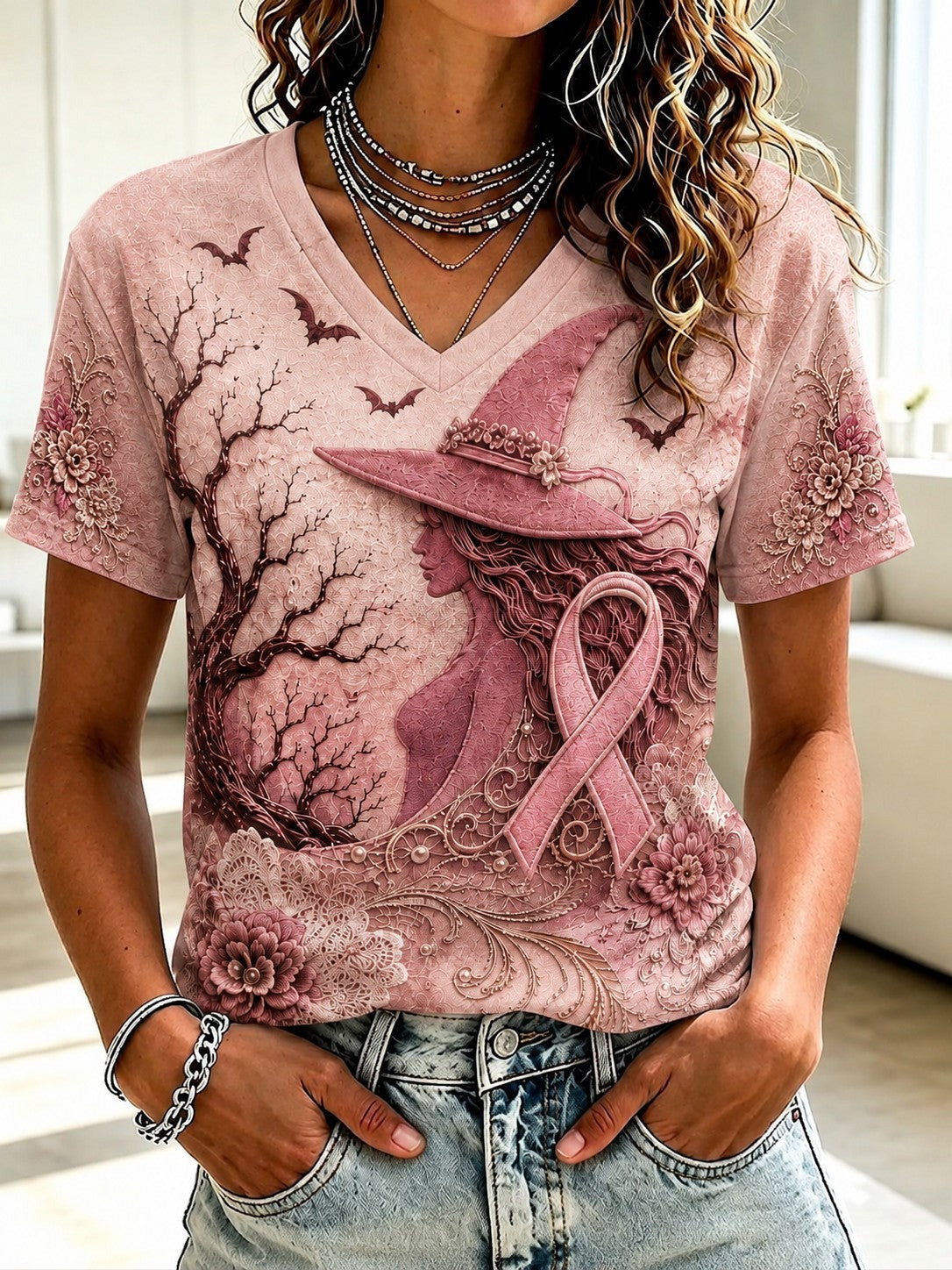 Breast Cancer Awareness V-Neck T-Shirt Halloween Pink Witch Ribbon Merch Ideas For Wife
