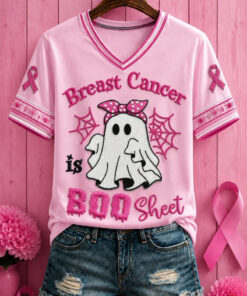 Breast Cancer Is Boo Sheet V-Neck Shirt Breast Cancer Awareness Merch Halloween Gifts For Mom