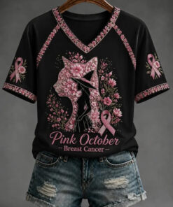 Breast Cancer Merch Pink October V-Neck T-Shirt Cancer Warrior Encouragement Gift