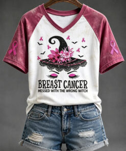 Breast Cancer Messed With The Wrong Witch V-Neck Shirt Breast Cancer Awareness Clothing