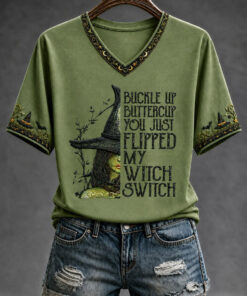 Buckle Up Buttercup You Just Flipped V-Neck T-Shirt Funny Witch Halloween Merch Gifts For Wife
