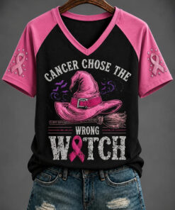Cancer Chose The Wrong Witch V-Neck Shirt Breast Cancer Awareness Clothing Apparel Gift