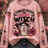 Cancer Picked The Wrong Witch Sweatshirt Breast Cancer Awareness Halloween Merch Spooky Gifts