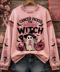 Cancer Picked The Wrong Witch Sweatshirt Breast Cancer Awareness Halloween Merch Spooky Gifts