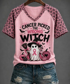 Cancer Picked The Wrong Witch V-Neck Shirt Breast Cancer Awareness Halloween Merch Apparel Gift