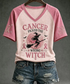 Cancer Picked The Wrong Witch V-Neck Shirt Breast Cancer Awareness Tee Gifts For Your Wife