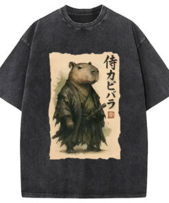 Capybara Samurai Washed T Shirt Everyday Comfort Graphic Shirt Gifts For Sister Gypsysystersgift - Homegiftaura