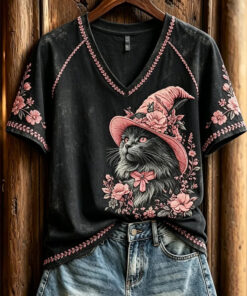 Cat In A Witch Hat Flowers V-Neck Shirt Halloween Cat Clothing Cute Halloween Gifts