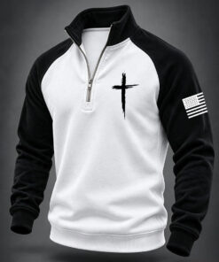 Christian Cross Half Zip Sweatshirt Patriotic US Flag Clothing Faith Gifts For Men