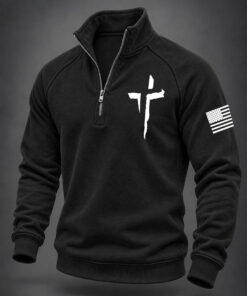 Christian Cross Half Zip Sweatshirt Patriotic US Flag Faith Clothing Religious Gifts For Men