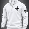 Christian Cross Half Zip Sweatshirt Patriotic US Flag Faith Merch Unique Christian Gifts