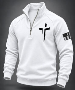 Christian Cross Half Zip Sweatshirt Patriotic US Flag Faith Merch Unique Christian Gifts