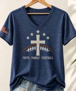 Christian Faith Family Football V-Neck T-Shirt US Flag Womens Clothing Presents For Mum