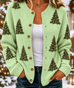 Christmas Tree Round Neck Cardigan Holiday Womens Apparel Faith Gifts For Her