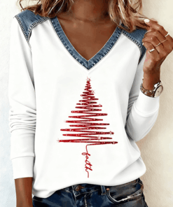 Christmas Tree V-Neck Long Sleeve Shirt Holiday Christian Merch Winter Gifts For Mom