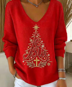 Christmas Tree V-Neck Long Sleeve Shirt Jesus Christian Womens Merch Sister Gifts