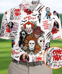 Colorful Horror Character Golf Shirt Cute Spooky Doodle Mens Apparel Halloween Gifts