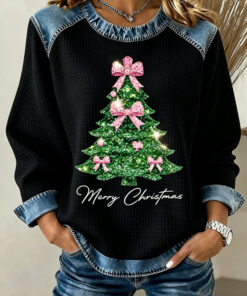 Coquette Pink Bow Christmas Tree Sweatshirt Christian Womens Apparel Sister Gifts