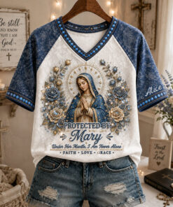 Custom Protected By Mary V-Neck T-Shirt Faith Religious Womens Apparel Best Gift For My Mom
