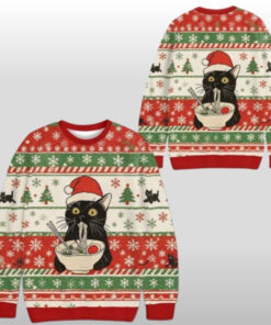 Cute Black Cat Ramen Ugly Sweater Funny Cat Lover Holiday Merch Christmas Husband Gifts