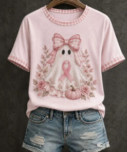 Cute Ghost Pink Ribbon Pumpkin T-Shirt Breast Cancer Awareness Merch Gifts For Wife