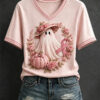 Cute Ghost With Pink Pumpkin And Flowers V-Neck Shirt Halloween Breast Cancer Merch Ideas Gift
