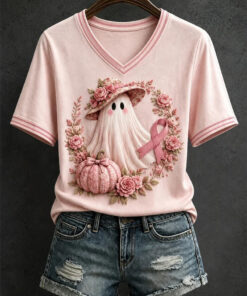 Cute Ghost With Pink Pumpkin And Flowers V-Neck Shirt Halloween Breast Cancer Merch Ideas Gift