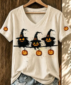 Cute Halloween Cats V-Neck T-Shirt Spooky Witch Hat Womens Clothing Gifts For Sister