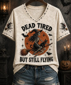 Dead Tired V-Neck T-Shirt Skeleton Witch Halloween Clothing Spooky Presents For Mum